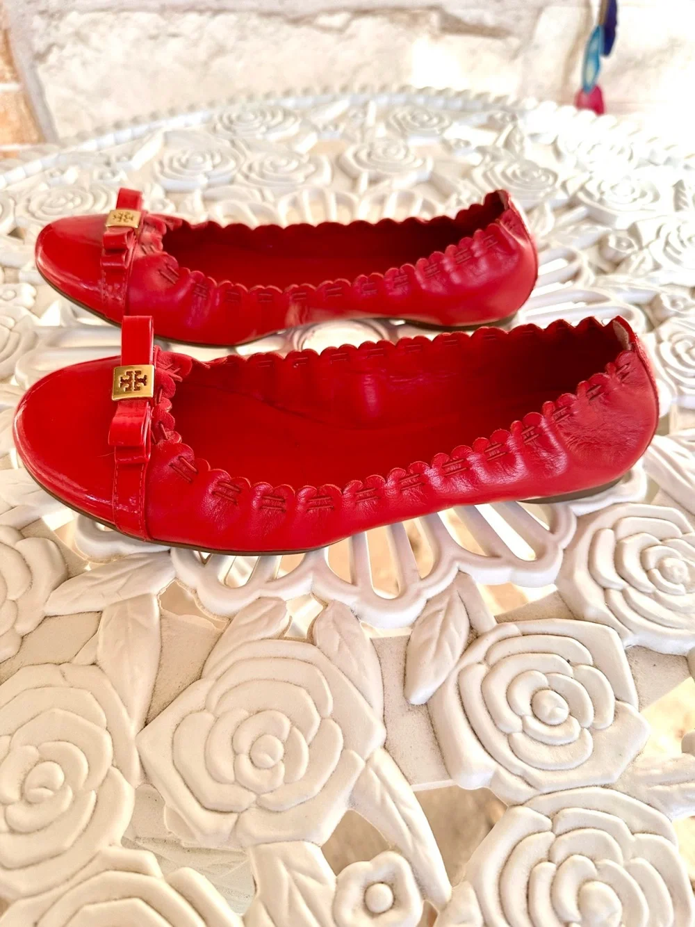 Tory Burch Red Patent Ballet Flats with Gold Logo Accent and Ruffle Trim